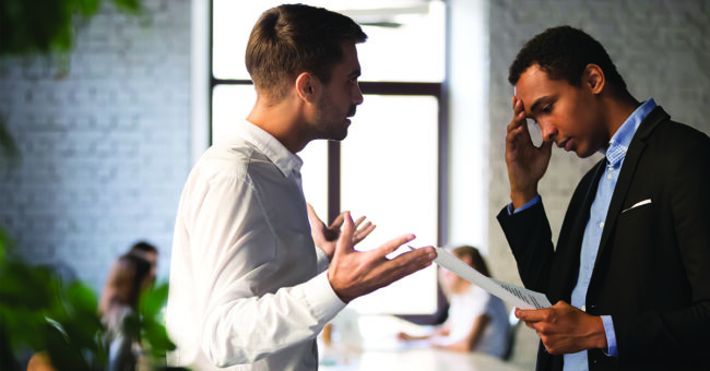 Angry Outbursts Mad boss lecture employee for bad financial report