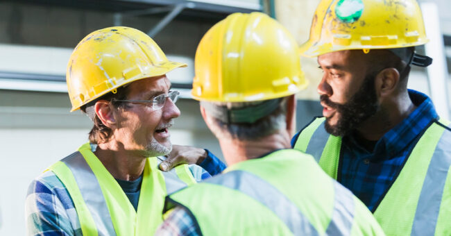 Blog Featured Image – Handling a Confrontation A group of three multi-ethnic men wearing hard hats and safety vests having a meeting. They are serious expressions on their faces, perhaps having a disagreement. The focus is on the two men in the background.