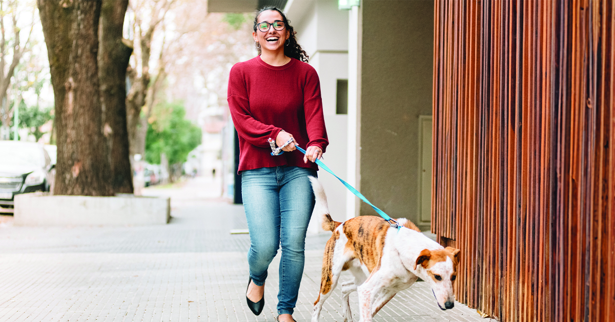 Young woman walking her Whippet dog