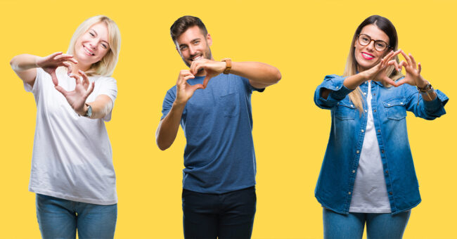 Blog Featured Image_Heart-Healthy Habits Collage of group people, women and men over colorful yellow isolated background smiling in love showing heart symbol and shape with hands. Romantic concept.