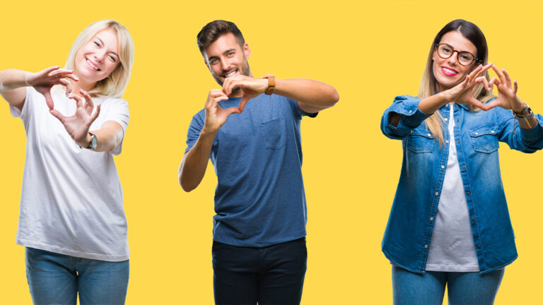 Blog Featured Image_Heart-Healthy Habits Collage of group people, women and men over colorful yellow isolated background smiling in love showing heart symbol and shape with hands. Romantic concept.