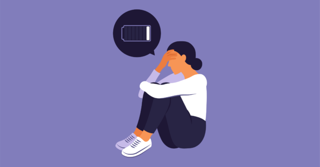 Tired woman sitting with a discharged battery in the thoughts. Concept emotional burnout or mental disorder. Tired woman sitting with a discharged battery in the thoughts. Concept emotional burnout or mental disorder.