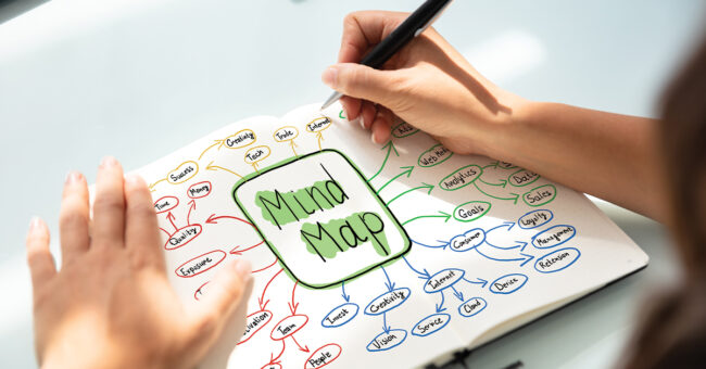 Creative Problem Solving Businesswoman Drawing Mind Map Chart On Notebook