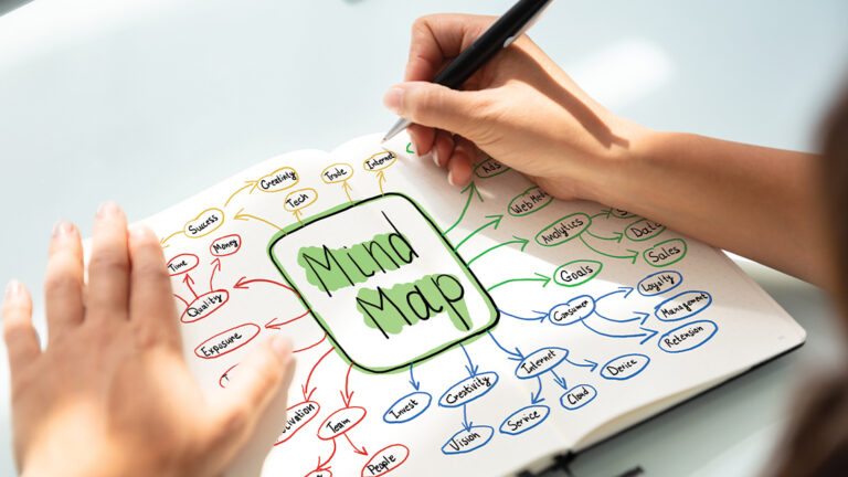 Creative Problem Solving Businesswoman Drawing Mind Map Chart On Notebook