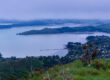This November 2021 dusk photo shows low clouds over Te Whakaraupō Lyttelton Harbour, Aotearoa New Zealand. The community of Governors Bay is in the centre. The community jetty, with its earthquake-collapsed section, is visible. This area is part of Horomaka Banks Peninsula in Ōtautahi Christchurch.