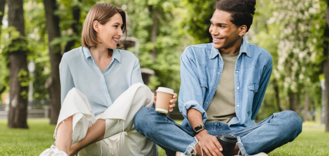 Coworkers enjoying coffee outside as part of Empathia's employee assistance program