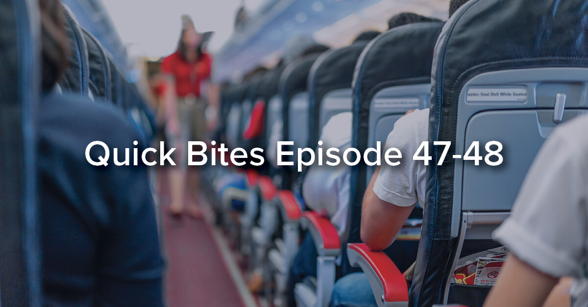 Quick Bites Podcast Featured Image – Episode 48 – Afraid to Fly A group of travelers seated in an airplane