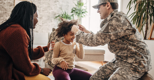 The Stress of Deployment Military soldier arrived home to his family after serving his country in the war
