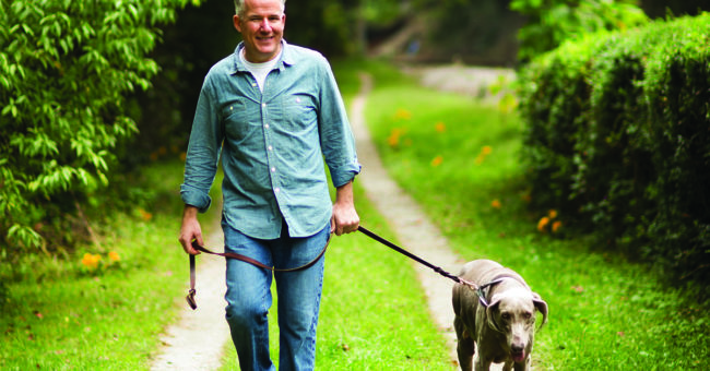perspective-matters-featured-image Mature man walking in park with his pet Labrador Retriever.